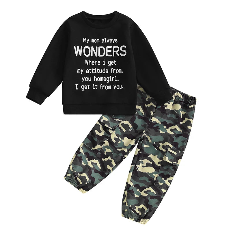 Toddler Boys 2-Piece Letter Print Top & Camouflage Cargo Pants Set – Light kids life | LIGHT KIDS LIFE