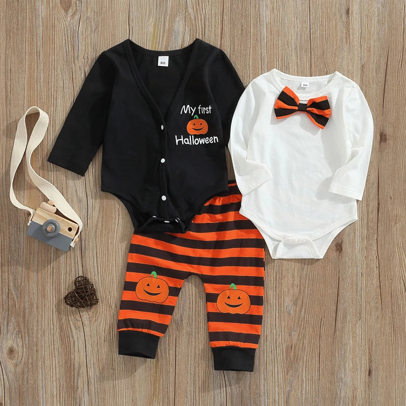 My first Halloween baby outfit .Pumpkin print long sleeve onesie and striped pants set-Light kids life | LIGHT KIDS LIFE