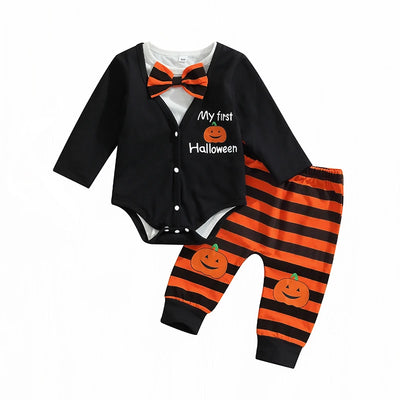 My first Halloween baby outfit .Pumpkin print long sleeve onesie and striped pants set-Light kids life | LIGHT KIDS LIFE